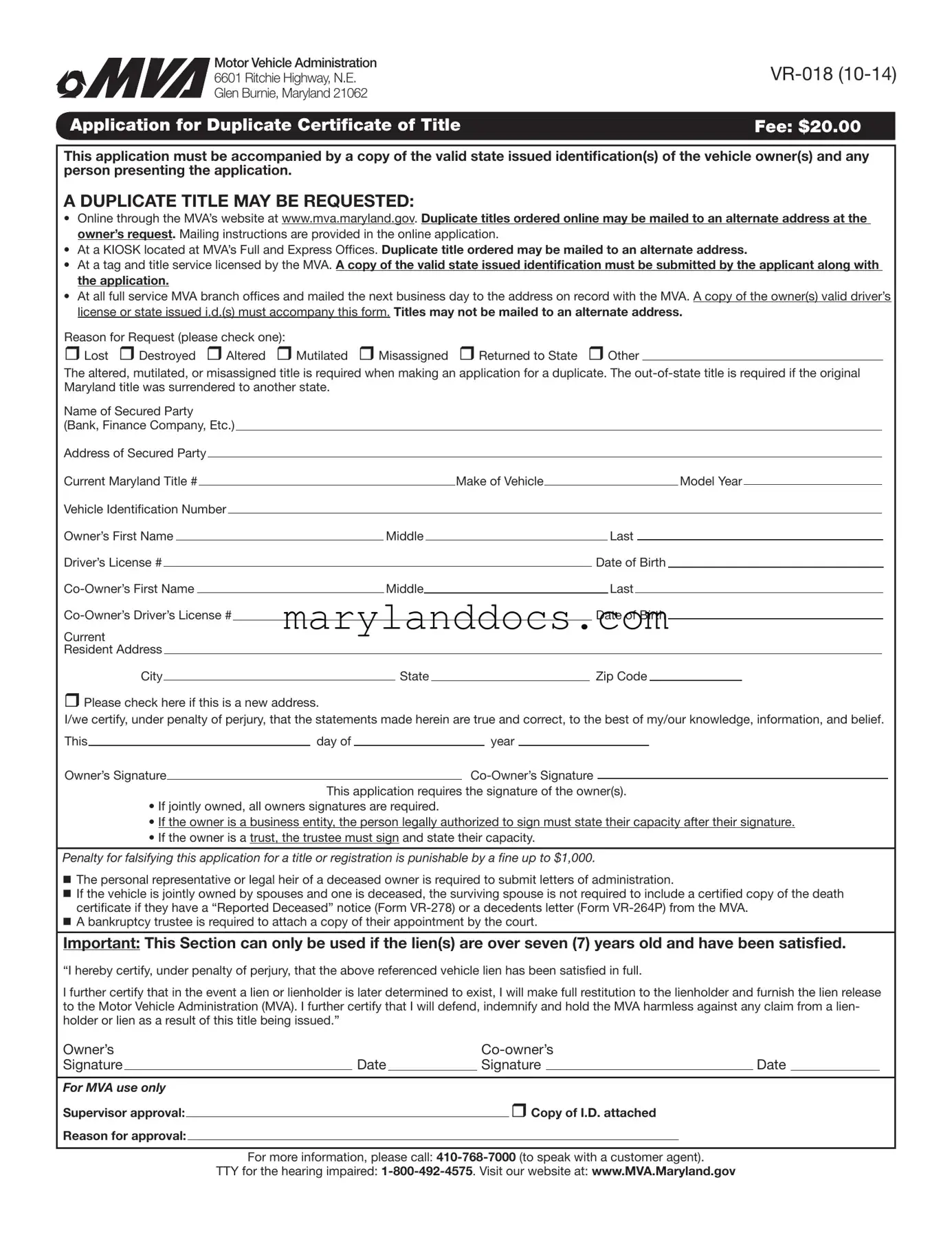 Fill a Valid Maryland Vr 018 Template