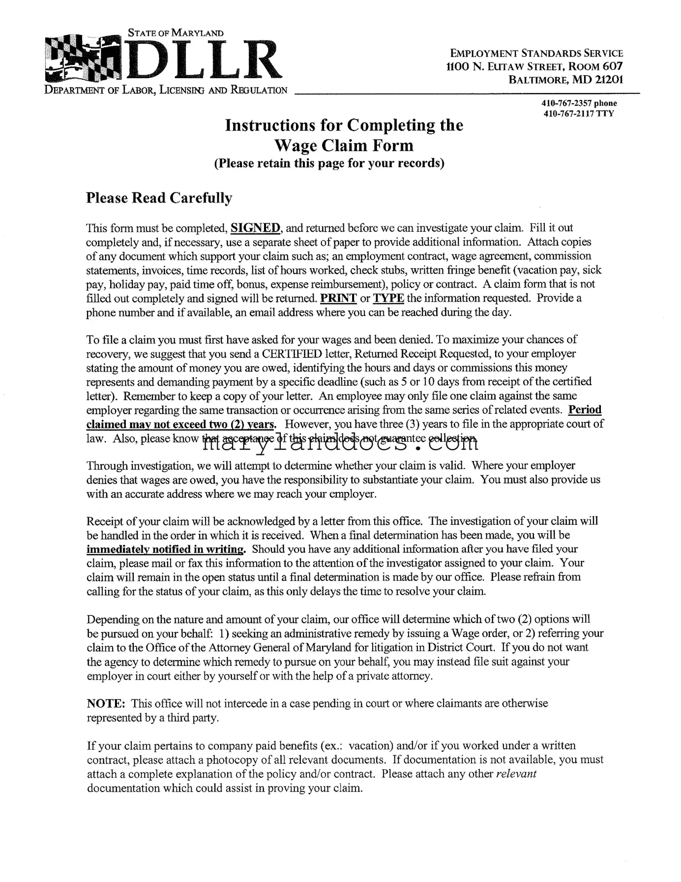 Fill a Valid Maryland Wage Claim Template