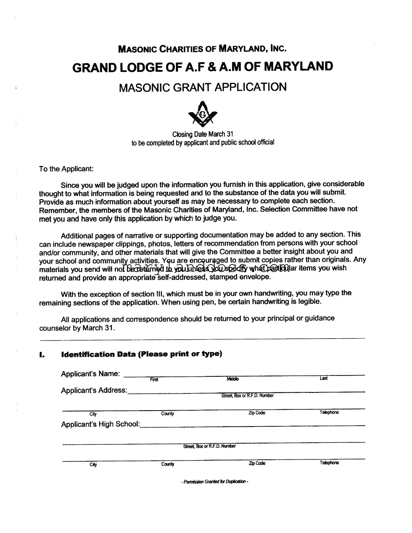 Fill a Valid Masonic Lodge Scholarship Application Maryland Template