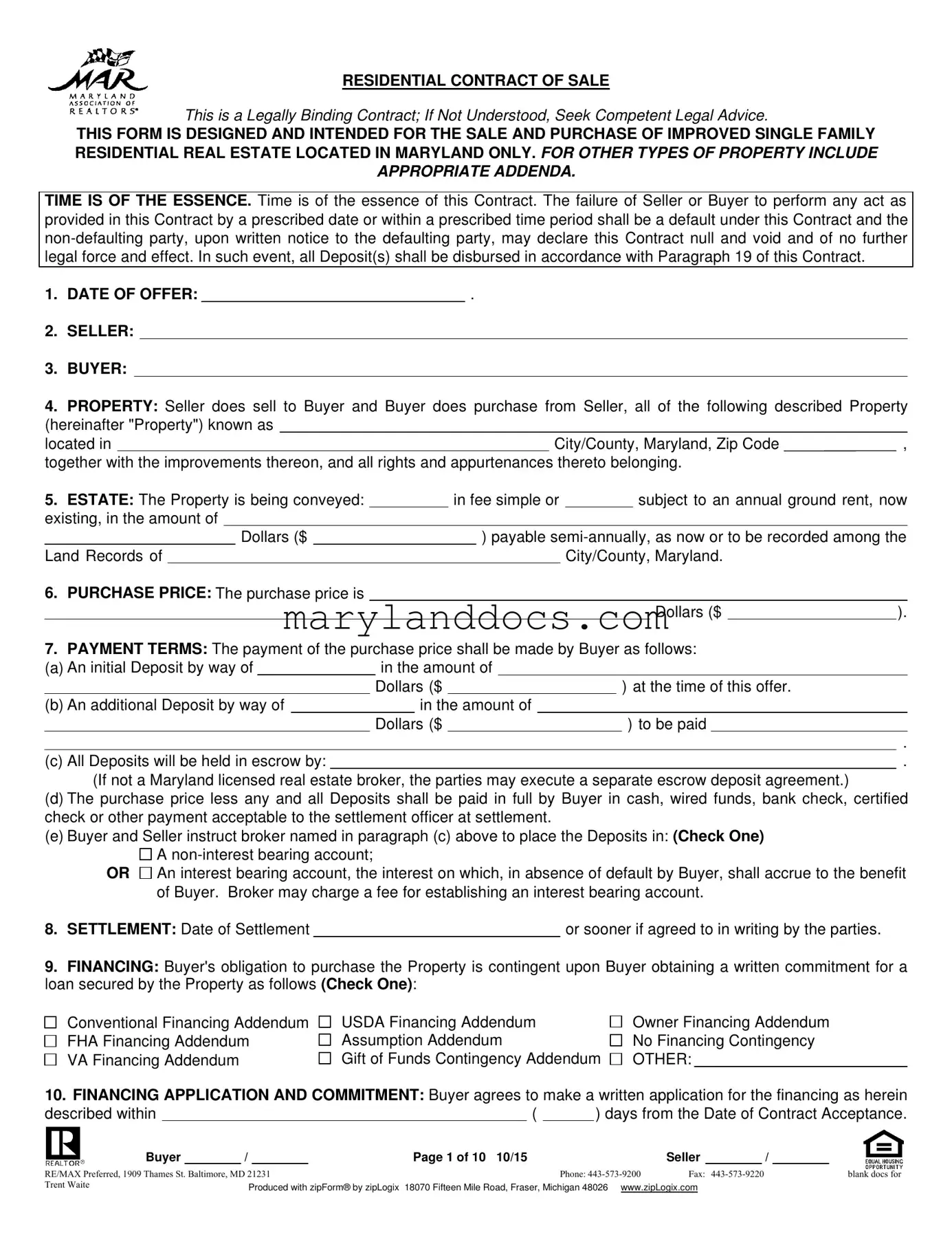 Fill a Valid Real Estate Sales Agreement In Maryland Template