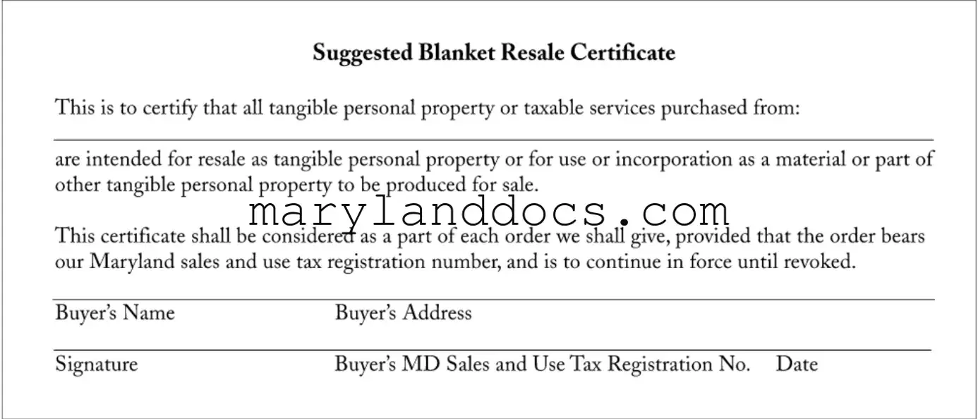 Fill a Valid Resale Certificate Maryland Template