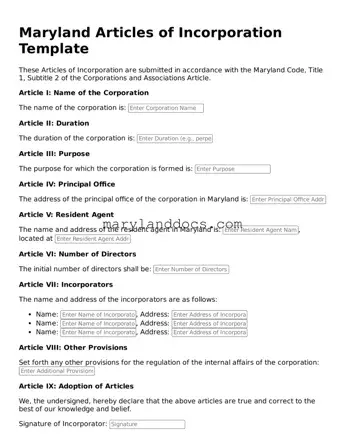 Valid Articles of Incorporation Document for Maryland State