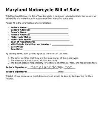 Valid Motorcycle Bill of Sale Document for Maryland State