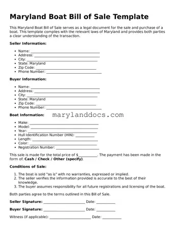 Valid Boat Bill of Sale Document for Maryland State