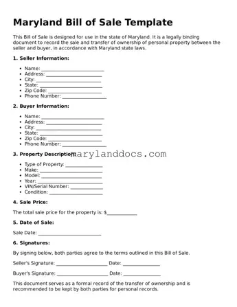 Valid Bill of Sale Document for Maryland State