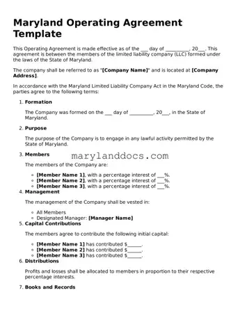 Valid Operating Agreement Document for Maryland State
