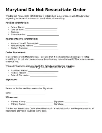 Valid Do Not Resuscitate Order Document for Maryland State