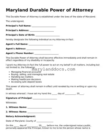 Valid Durable Power of Attorney Document for Maryland State