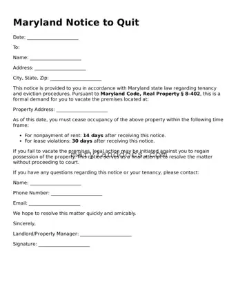 Valid Notice to Quit Document for Maryland State