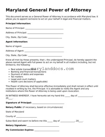 Valid General Power of Attorney Document for Maryland State