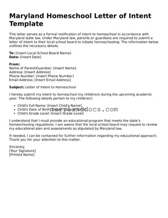 Valid Homeschool Letter of Intent Document for Maryland State