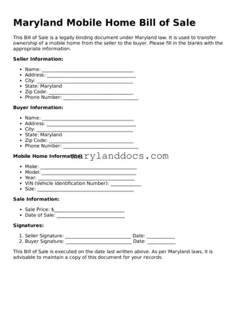 Valid Mobile Home Bill of Sale Document for Maryland State