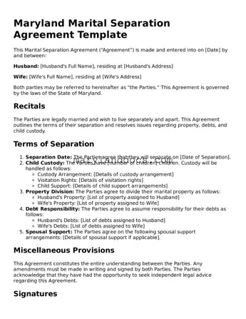 Valid Marital Separation Agreement Document for Maryland State