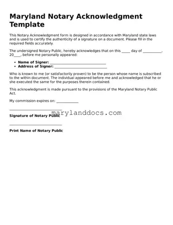 Valid Notary Acknowledgement Document for Maryland State