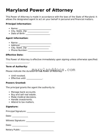 Valid Power of Attorney Document for Maryland State