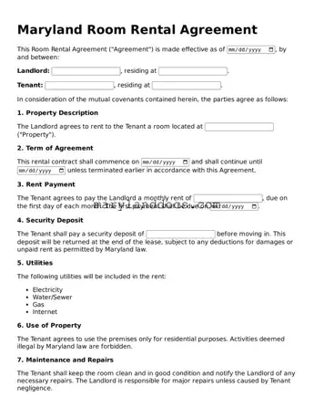 Valid Room Rental Agreement Document for Maryland State