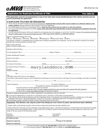 Fill a Valid Maryland Vr 018 Template