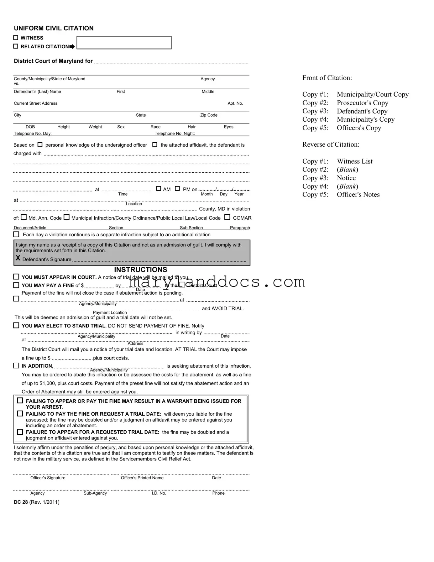 Fill a Valid Were Is The Citation Number On A Maryland Civil Citation Template