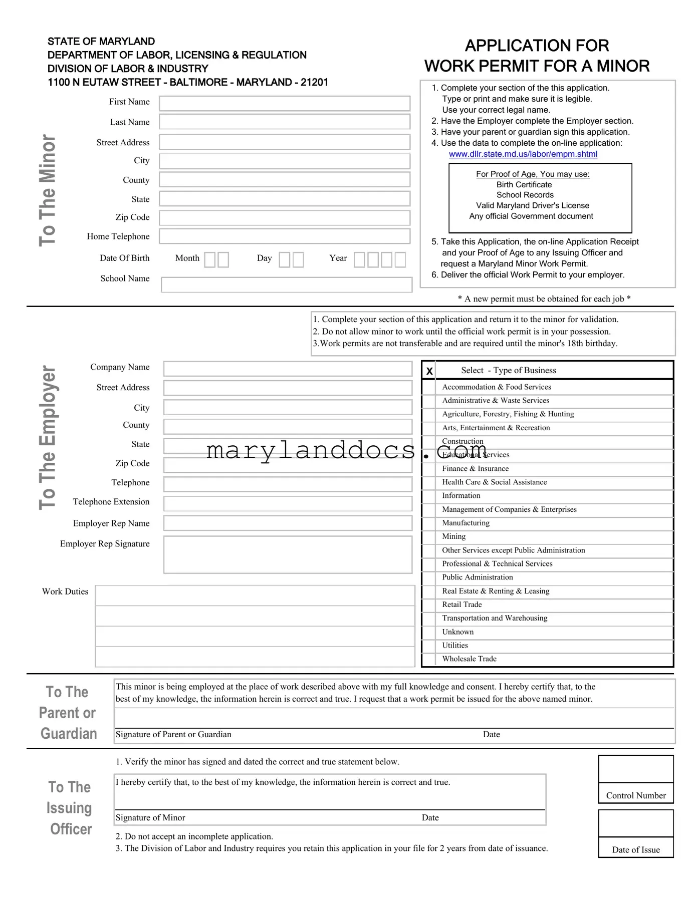 Fill a Valid Workers Permit Maryland Template
